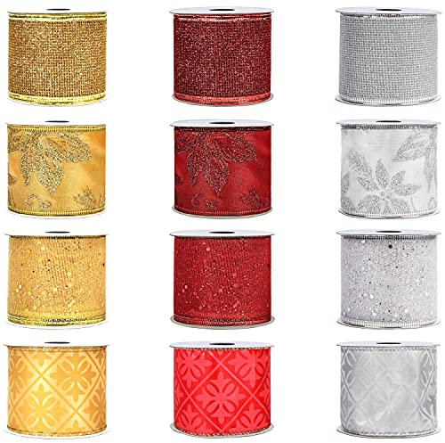 Belle Vous Cinta de Navidad Roja, Dorada y Plateada (Pack de 12) 2,74 m x 63 mm Cinta Organza Navidad Ancha con Alambre - Diseños Variados - Adornos Navideños Árbol, Fiestas, Lazos, Envolver Regalos