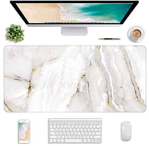 Atufsuat Extended Gaming Mouse Pad, XXL Large Desk Pad 30 x 14 Inch, Big Computer Keyboard Mousepad, Waterproof Mouse Mat with Stitched Edges and Non-Slip Base for Women Office Gaming, White Marble
