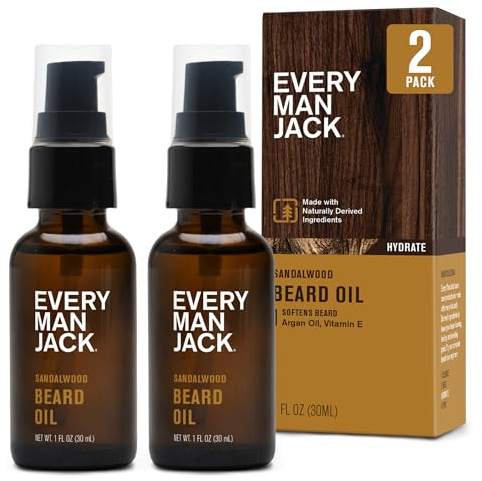 Every Man Jack Sandalwood Beard Oil - Moisturize & Soften Your Beard - Relieve Itch and Flakes - Made w/Naturally Derived Ingredients like Vitamin E, Argan Oil, and Borage Oil - 1 oz - 2 Pack