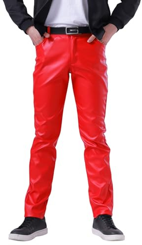 FEOYA Men's Slim Fit Leather Trousers Stretch Elastic Faux PU Pencil Pants Wet Look Straight Leg Trousers for Motocycle Biker Dance Bar Nightclub Stage Show Cosplay Mid Waist Summer Spring Red 36