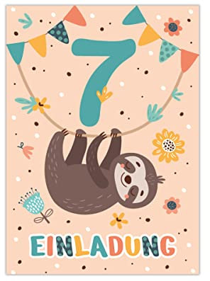 12 Einladungskarten zum 7. Kindergeburtstag Einladung zum siebten Geburtstag Mädchen Jungen Faultier