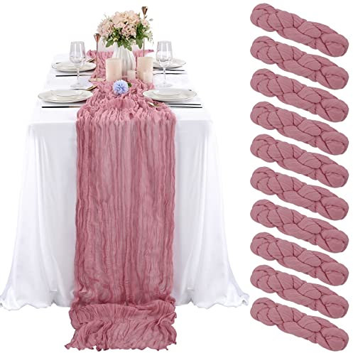 Lot de 10 chemins de table en étamine rose poudrée de 3 m, nappe en gaze pour réception de mariage, fête prénuptiale, fête d'anniversaire, décoration de table bohème, chemin de table romantique