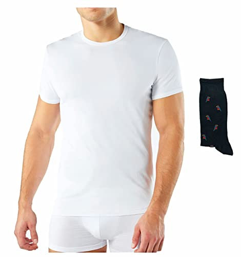 Enrico Coveri 3-6 Pezzi Maglietta Intima 100% Cotone Filo di Scozia + Calza Omaggio Maglietta Intima Uomo in Cotone Filo di Scozia (3 Pezzi.Bianco+Calza Omaggio, 6)