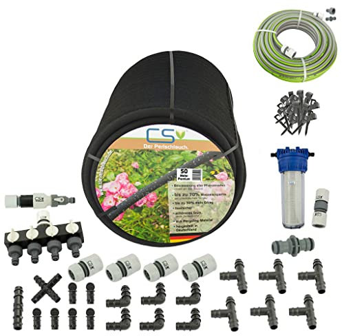CS-Perlschlauch Premium Komplettset für die Gartenbewässerung/Hochbeetbewässerung/Beetbewässerung mit bis zu 70% Wasserersparnis bei unterirdischer Verlegung