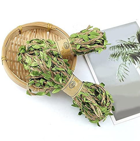 YPLonon Jute-Schnur mit Künstlichen Blättern 3 Rollen (30m) Buchsgirlande 7mm Jute Ranke Künstliche Blätter Dekoband Dekoratives Seil für Hochzeit Zuhause Garten Party-Dekorationen und Bastelarbeiten