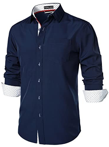 PARKLEES Men's Hipster Urban Design Regular Fit Long Sleeve Casual Business Button Up Dress Shirts with Pocket Navy Blue XXL