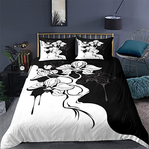 Tomifine Housse de Couette 140x200 cm Coeur Rose Rouge Parure de Lit Motif 3D Sets De Housse Couette avec Fermeture Éclair et 2 Taies d'oreiller 65x65cm (140x200 cm,Noir Blanc)