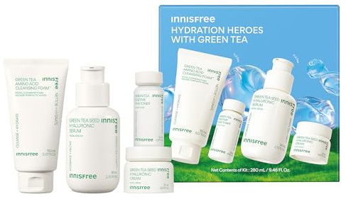 innisfree Hydration Heroes Set with Green Tea, Korean Skincare Kit Featuring Moisturizing Serum, Toner, Cleanser & Cream