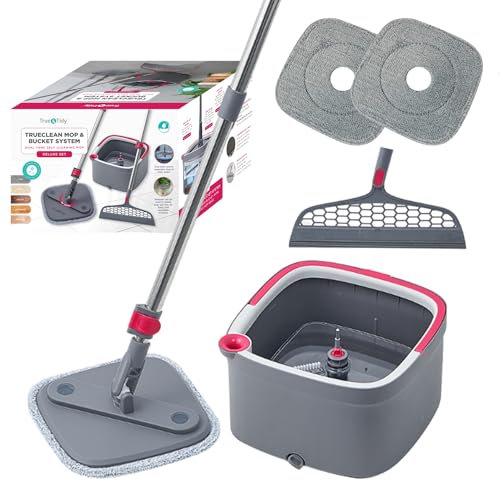 True & Tidy SPIN-800 TrueClean Mop and Bucket System Self Wringing Spin Mop with Separate Compartments for Clean and Dirty Water (Pink)