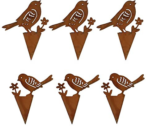 Gartenstecker Vogel 6er Set 5cm in Rostoptik 2 Modelle mit Blume für Balkon und Terrasse