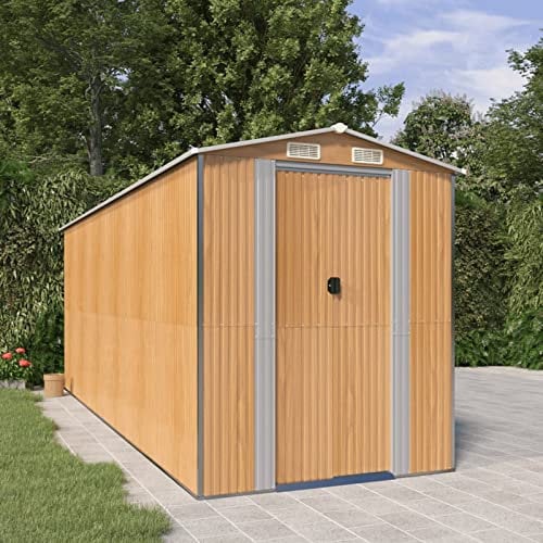 JUNZAI Geräteschuppen, Gerätehaus, Fahrradgarage, Gartenhütte, Fahrradunterstand, Gartenhäuschen, Garten Hütte, Fahrrad Unterstand, Hellbraun 192x523x223 cm Verzinkter Stahl