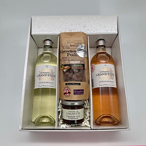 Caja de regalo Grand Pièce Côtes DE PROVENCE Rosé & Blanco +1 Chouchou Almendras Praliné y Pimiento Dulce(100g) +1 Tapenade negro(100g)