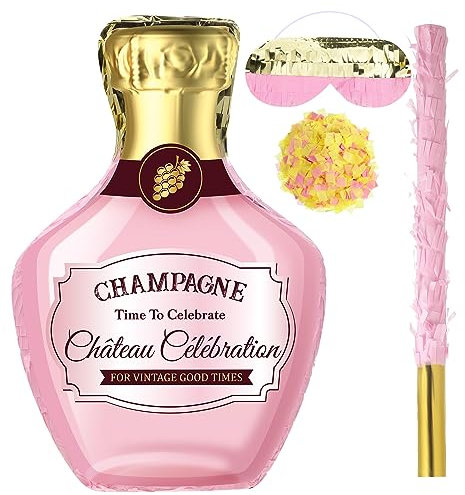 Panelee Erwachsene Pinata Set inklusive Stab Quasten Augenbinde Konfetti Bierkrug Champagner Whiskey Tequila Flasche Pinata zum Aufhängen für Bachelor Geburtstag Hochzeit Party (Rosa, Champagner)