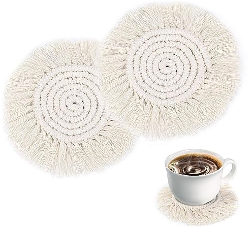 2 Stück Rund Untersetzer Drink Coaster für Getränke Makramee Baumwolluntersetzer für Holztische Rundes Getränkeuntersetzer Set mit Quasten Esstisch Couchtisch Dekoration Tasse Wein Glas Getränke