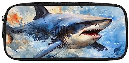 Kuiaobaty Aquarell-Meerhai-Federmäppchen für Jungen und Kinder, Hai-Druck-Bleistift-Beutel, Schule, langlebig, Lernbedarf, Aufbewahrungstasche