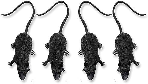 AKH® Halloween Rubber Fake Rats | Pack of 4 | Creepy Rat Props for Halloween Party Decoration | 11CM Black Plastic Mouse | Toys Trick or Treat Party Favours Loot Bag or Prank