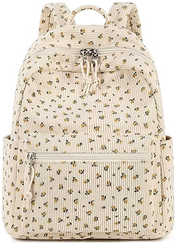 Mini-Rucksack für Damen und Mädchen, wasserabweisend, kleiner Rucksack, Geldbörse, Schultertasche für Damen, Erwachsene, Kinder, Schule, Reisen, Cord-Beige mit Blumenmuster, S, Casual