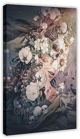 KOURT Blumen und Totenköpfe Leben und Tod dunkel bis hell Leinwand Poster Wandkunst Dekor Druck Bild Gemälde für Wohnzimmer Schlafzimmer Dekoration Rahmen: 40 x 60 cm