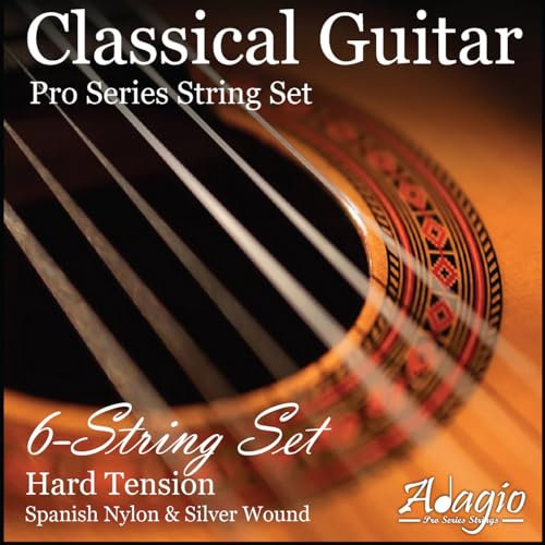 Classical Guitar Strings - Adagio Pro Series Hard Tension Classical Guitar String Set - Nylon And Silver Plated Wound Guitar Strings. Full Pack/Set of 6 Strings