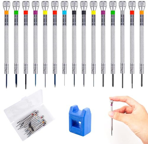 MJFENDAI Set di cacciaviti per orologiai, 13 pezzi di precisione con smagnetizzatore, 0,6 mm - 2,0 mm, con 13 lame di ricambio, per cacciaviti orologi