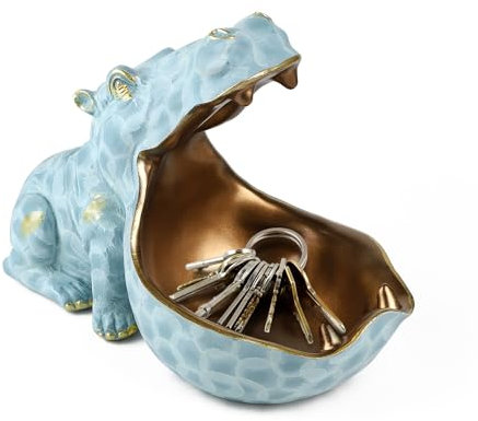 efuturetime Schale Nilpferd, Harz Schlüsselablage Figur, Groß Mund Nilpferd Statue Tischdekoration, Deko Modern, Schlüsselschale für Flur, Wohnzimmer, Büro, Geschenke, Dekoration, Blau-Klein