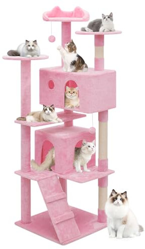 MoNiBloom Katzenbaum, 70 Zoll Katzenbaum Turm mit 2 Höhle, Hoher Katzenturm mit Kratzbaum, Katzenkletterturm, Katzenbaum für Indoor-Katzen, Weiches Rosa
