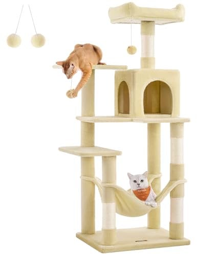 Feandrea Kratzbaum, 143 cm hoch, Katzenbaum, mehrstöckiges Katzenhaus, mit 4 Kratzsäulen, 2 Plattformen, Hängematte, Höhle, beige PCT161M01