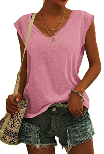 NARRAME T-Shirt a Maniche Corte da Donna Canotta Estiva Canotte Larghe Camicette da Donna con Scollo a V Tinta Unita Rosa Scuro XX-Large 2XL 50-52