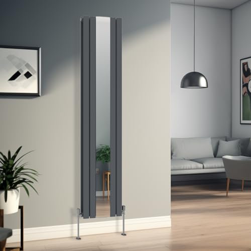 Warmehaus 1800 x 417mm Vertical Flat Panel Mirror Radiator Central Heating Tall Column Radiators Double Panel Anthracite
