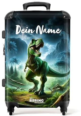 NoBoringSuitcases.com Kinderkoffer, Reisekoffer Personalisiert, Kinderkoffer Jungen, Koffer Groß, TSA Schloss, Kinder Trolley Jungen, Koffer Mittelgroß (Dinosaurier - Grün, 67 cm - 72 L)