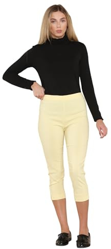WearAll Cropped Trousers for Women UK Ladies Capri Trouser Summer Pants Short Crop Stretch 3/4 Length Three Quarter Pedal Pusher Clothes Elasticated Bengaline Cut Off Yellow 22