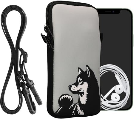 kwmobile Handytasche für Smartphones XL - 6,7/6,8 - Neopren Handy Hülle Schwarz Weiß Grau - Handy Tasche mit Kette 17,2 x 8,4 cm Innenmaße - Shiba Hund