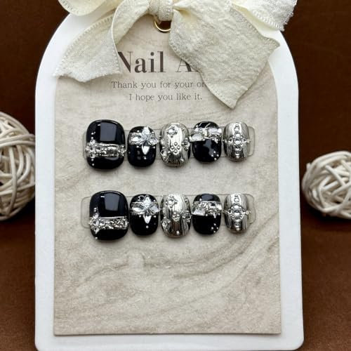 Patchs for ongles faits à la main, or noir, style doux et cool, faux ongles courts portables, 10 pièces détachables (Size : L)