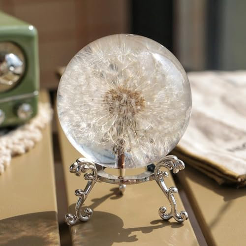 Briefbeschwerer aus echtem Löwenzahn, 60 mm, Kunstharz-Kristallkugel mit Ständer, für Büro, Schreibtisch, Heimdekoration, Geschenk für Vater, Mutter, Lehrer, Geburtstag, Hochzeit, Valentinstag