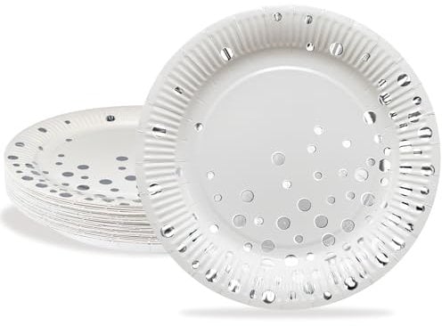 HNH Assiettes en papier, Lot de 24 Blanc avec feuille d'or argent Assiette carton jetables 23 cm
