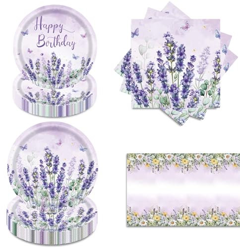 VENTASOL Lavender Purple Party Tableware Decorations Purple Lavender Plates Napkin Tableware Summer Floral Butterfly Party Supplies for Birthday 16 Guests