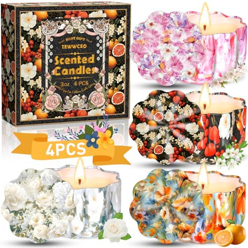 TEWWCEO Bougie Parfumée Ensemble Cadeau 4 Pièces, Bougies Parfumées de Noël, Bougies en 100% Cire De Soja Naturel, Bougies d'Aromathérapie pour Cadeaux pour Noël,Bath Yoga, Décoration de Noël