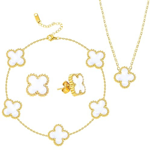 GUBOOM Vierblättriges Kleeblatt Schmuck Set, 18K Vergoldet Vierblättriges Kleeblatt Halskette Ohrringe Armband, Schmuck Set für Frauen für Geschenke Valentinstag Muttertagsgeschenke Geburtstags