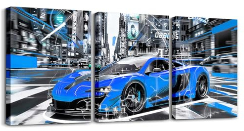 Loussiesd Geschwindigkeit Sportwagen 3er Poster Set für Wohnzimmer Rennen Auto Büro Wandbilder für Extreme Sport Auto Bad Leinwandbilder Automobil Racing Car Blau Grau