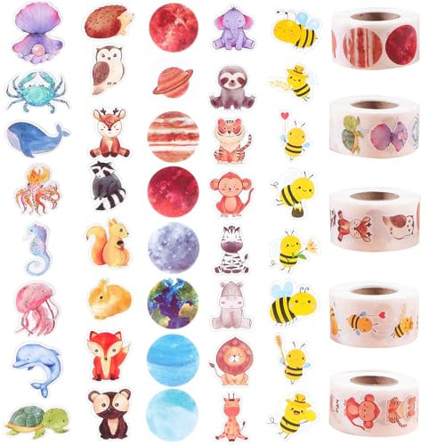 JTgugu Tier Aufkleber 500 Stück Sticker Tiere Kinder Runde Cartoon Belohnungssticker Set Tieraufkleber Tiermuster Sticker 5 Rolle 40 Muster für Kinder Schüler Freund Buchliebhaber