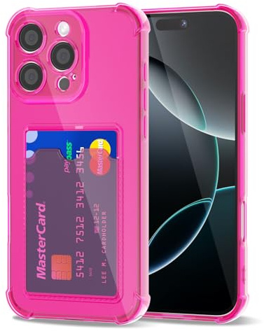 Svanove für iPhone 16 Pro Hülle Kartenfach Silikon Durchsichtig, Dünn Transparent Karten Wallet Handyhülle mit Kameraschutz, Klar TPU Karte Handy hülle Kartenhalter Schutzhülle Case, Neon Pink Rosa