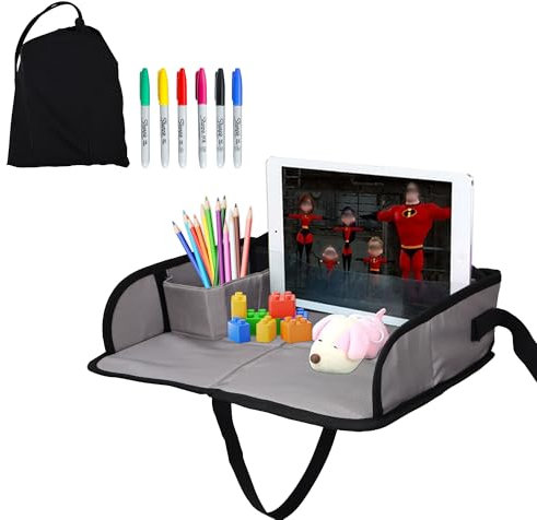 Amoilly Tragbares Kinder-Spieltablett für Reisen, Faltbares Lap Travel Tray für Flugzeug, Zug, Kids Travel Tray für Kinder Roadtrip Essentials mit Aquarellstiften (Grau)