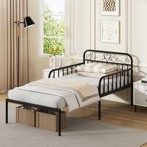 RELAX4LIFE Single Bed Frame, 3FT Extendable Metal Daybed Guest Sofa Bed with Trundle, Slats Support Platform Bed Base Mattress Foundation for Living Room Bedroom, No Box Spring Needed (Black)