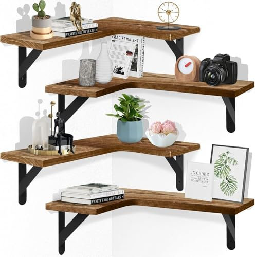 Tczecoo 4 Stück Schweberegal für Ecken, L-förmiges Eckregal, Eck-Wandregal Wandregal Holz, Rustikale Holzeck-Wandregale für Küche Wohnzimmer Schlafzimmer Badezimmer Wanddeko, Hellbraun