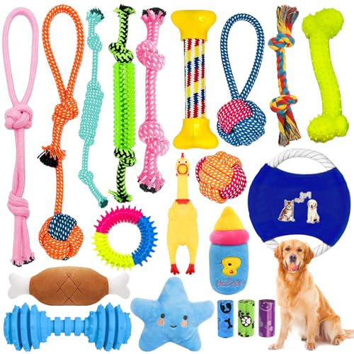 20 Pcs Hundespielzeug Seil für große und mittelgroße Hunde, Seil Ball robuste Zähne Kauen langlebig Spielzeug Zahntraining Set Interaktives Spielset Unzerstoerbar BaumwollknotenTau Tier