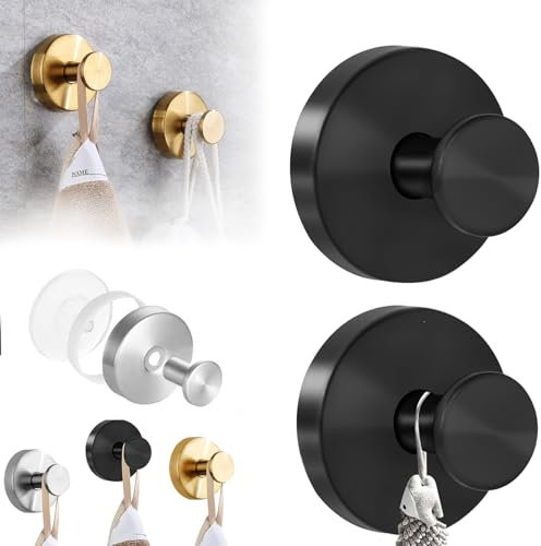 2 Pcs Suction Hooks,Vacuum Suction Cup Hooks,No-Drill Hooks Holder,Shower Hooks Suction Towel Hanging Hooks, Stainless Steel Heavy Duty Suction Hooks for Bathroom Kitchen Glass Door (Black- 2 Pcs)