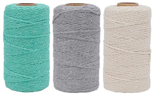 FOGAWA Juego de 3 Hilos de macramé de 2 mm x 100 m Cuerda de Macrame 100% Natural Cuerda de Algodón para Tapices, Colgador de Plantas, Manualidades, Tejer(Gris + Beige + Azul Claro)