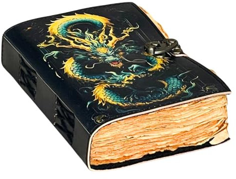 The Arcane Dragon – Handmade Antique Deckle Edge Paper Leather Journal with Embossed Dragon Cover & Lock Closure – Vintage Writing Diary, Fantasy Spell Book, Sketchbook, Gift for Writers & Artists