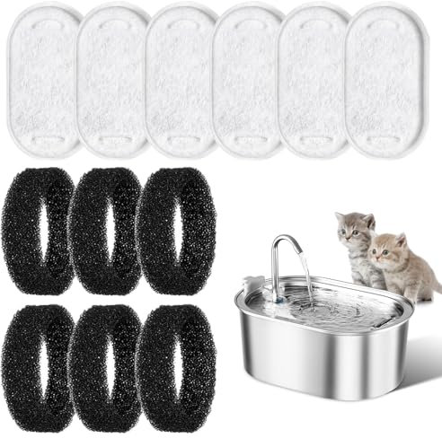 12Pcs Cat Water Fountain Filters,6Pcs Activated Carbon Filter and 6Pcs Foam Filter,Pet Water Fountain Filter,Cat Fountain Filters Set,Cat Fountain Filters Replacement for 3.2L,2L Cat Water Fountain