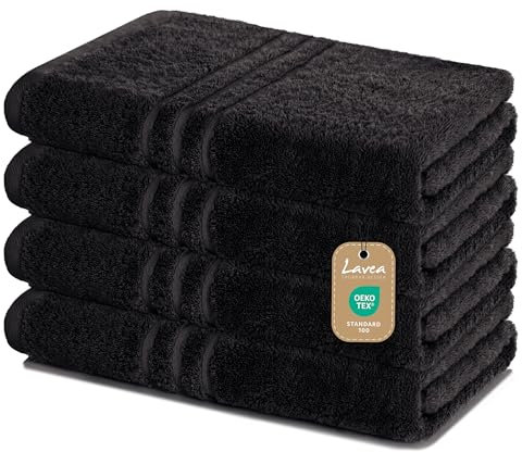 Lavea Lot de 4 Serviettes de Douche - 70 x 140 cm - 100% Coton - Serviettes éponge Douces et absorbantes - 500 g/m² - Uni et Bicolore - Certifié Öko-Tex - Lavable jusqu'à 60 °C - Noir